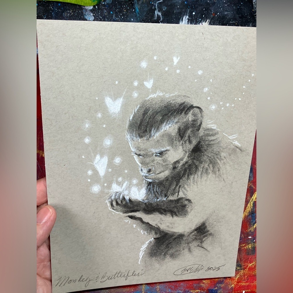 Original Monkey painting capuchin art Charcoal pastel Butterflies handmade USA - Picture 6 of 7